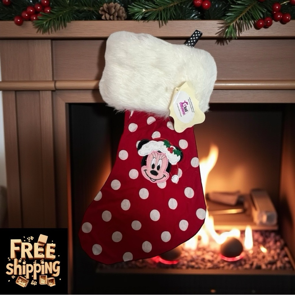 Christmas Stocking Minnie Embroidered Hand crafted red white polka dots fun